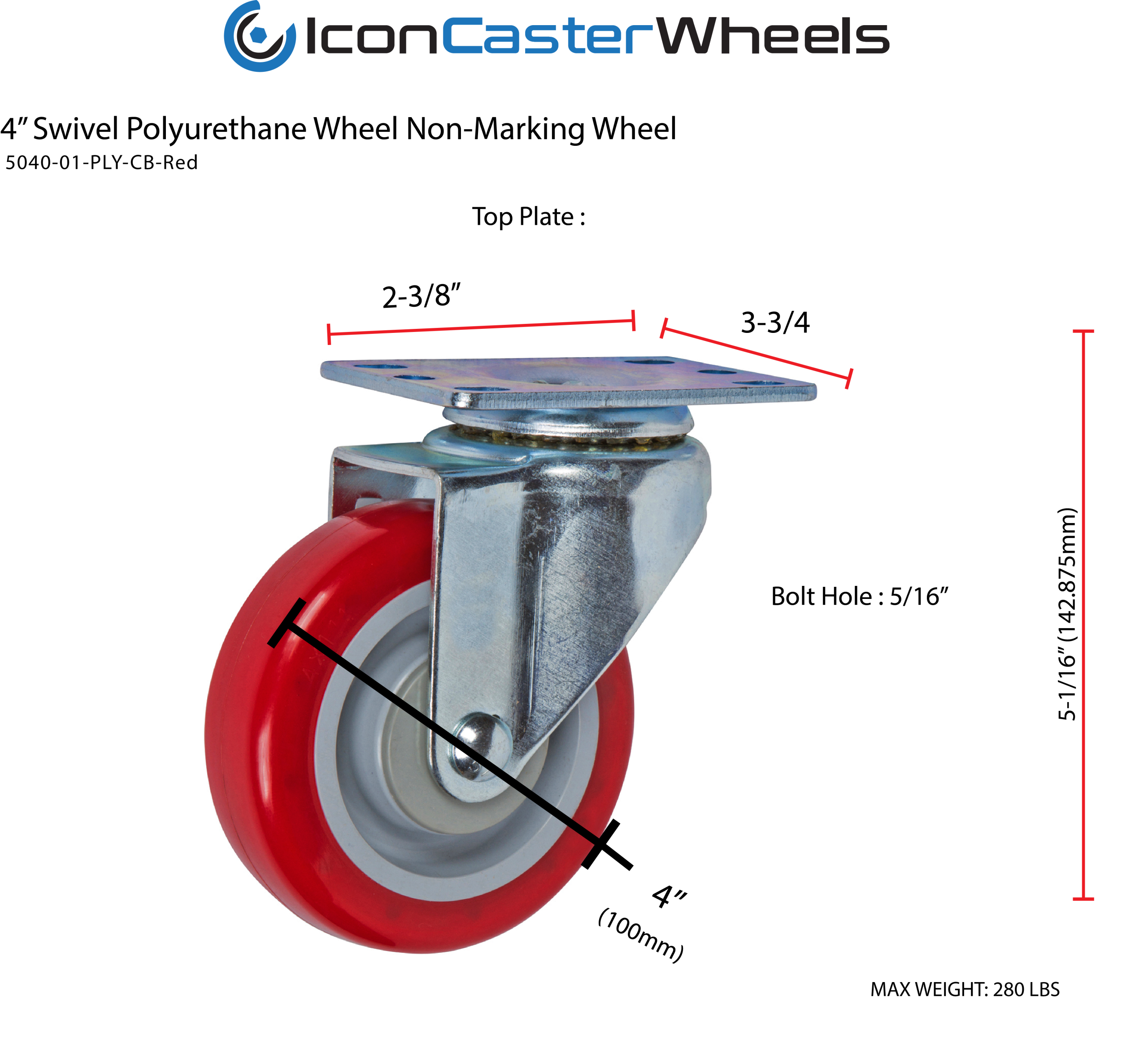 Red polyurethane light-duty caster with swivel top plate