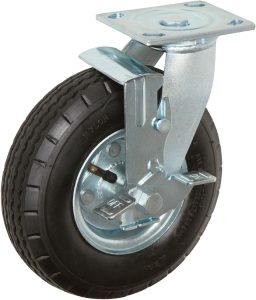 Black pneumatic industrial caster with locking brake