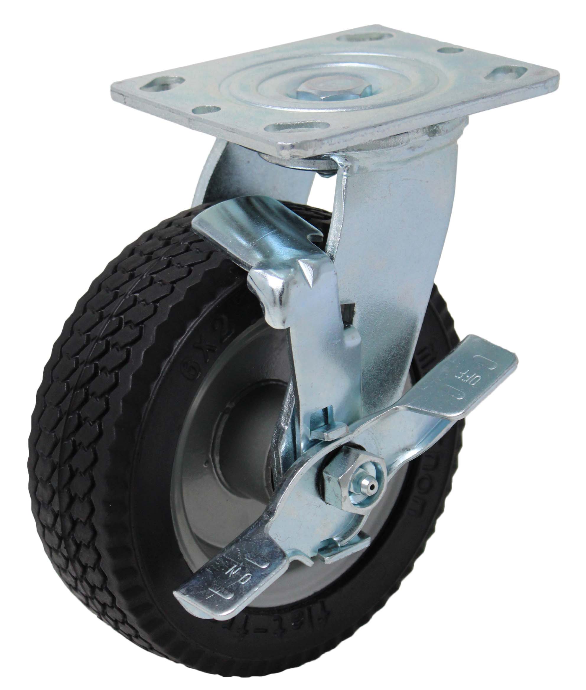 Black air-free flat-free industrial caster with locking brake
