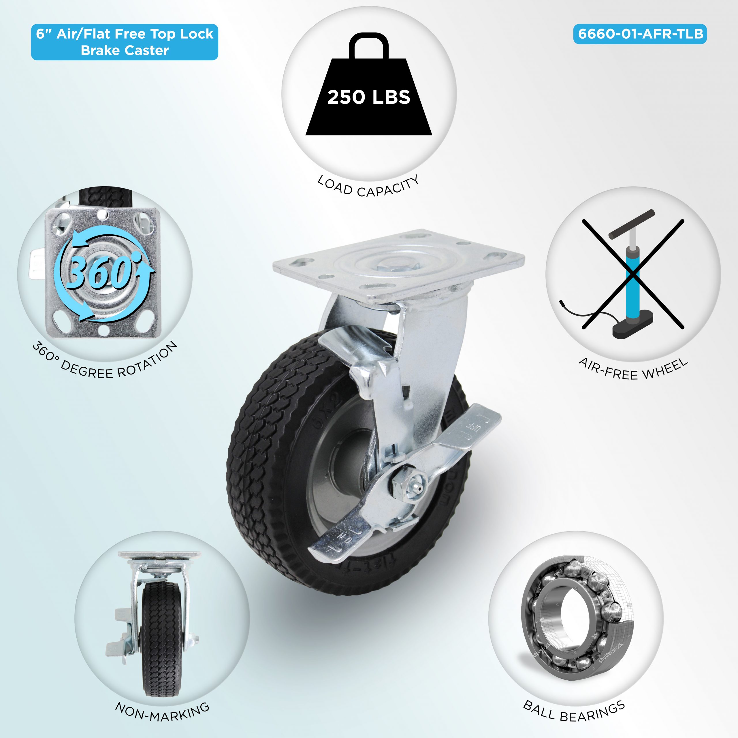 Close-up of 6-inch swivel caster showcasing rubber wheel