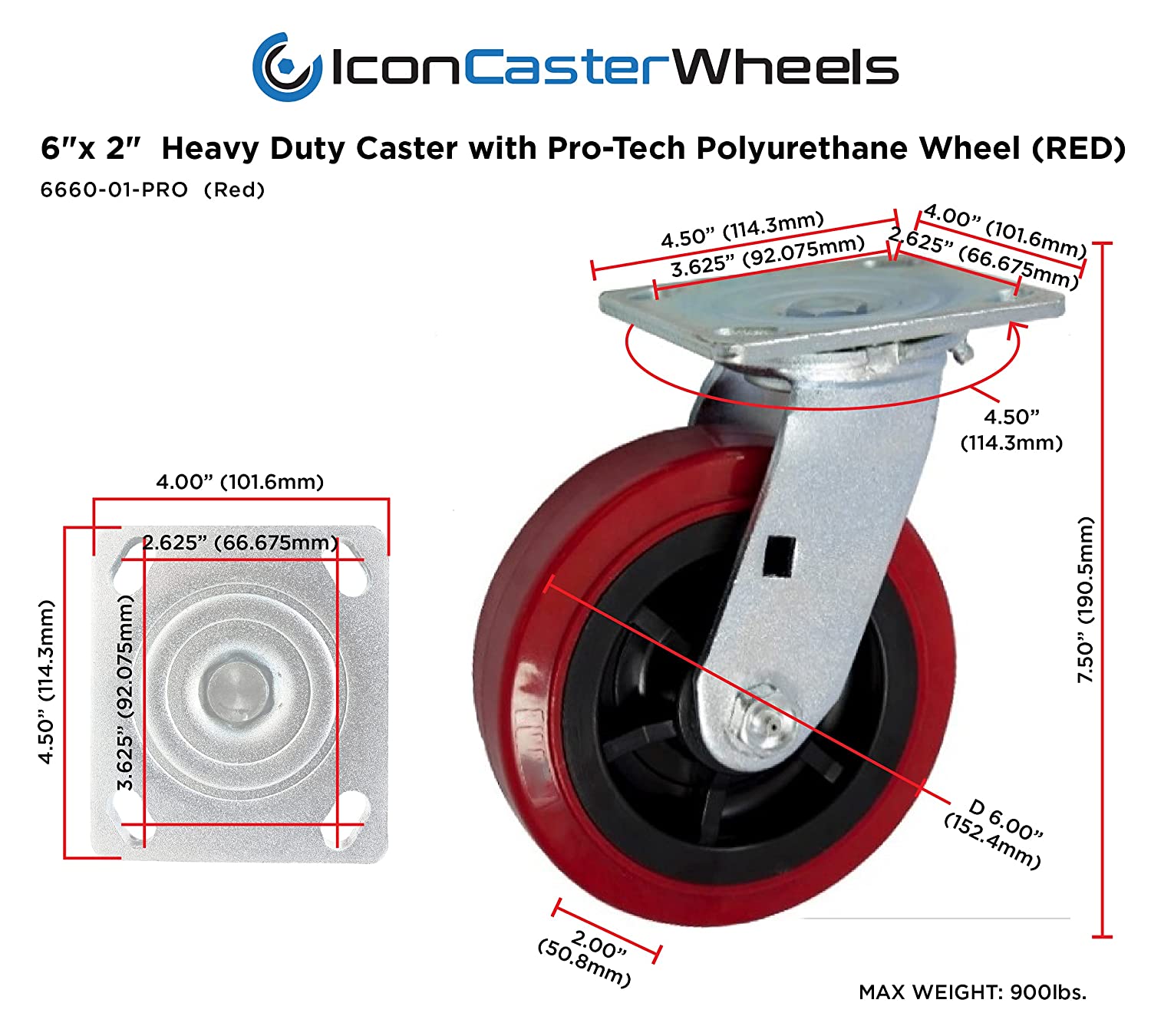 dimensions of red caster wheel with top plate