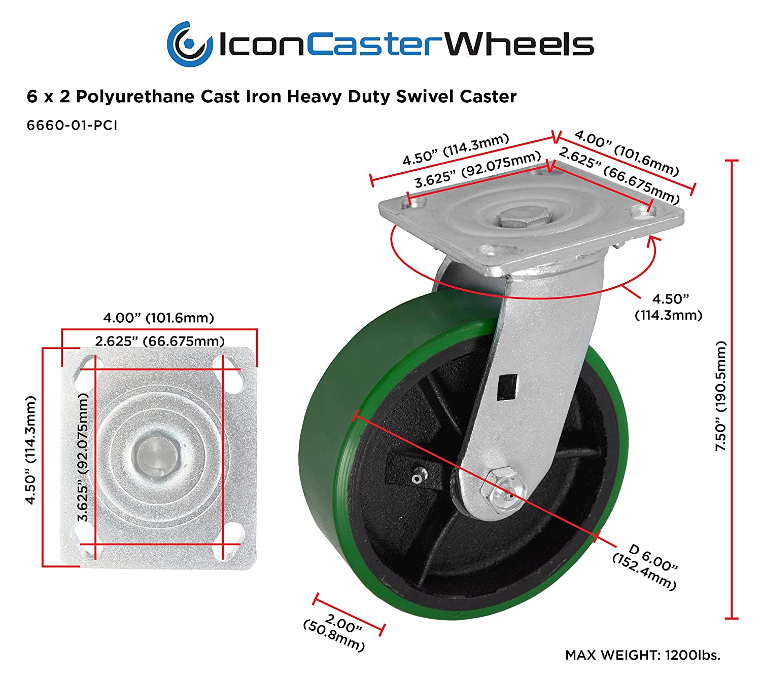 Green PCI heavy-duty swivel caster with top plate
