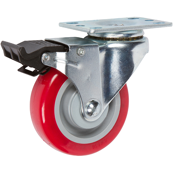 Red polyurethane light-duty caster with total lock brake