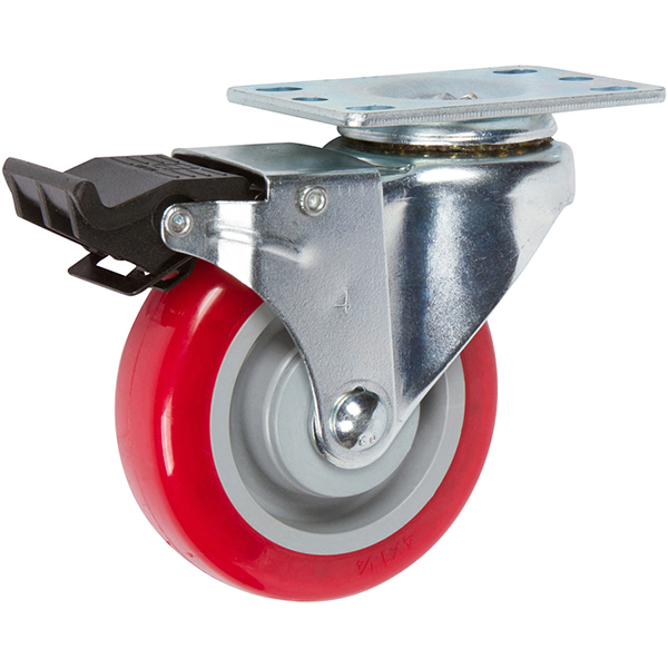 Red polyurethane medium-duty caster with total lock brake