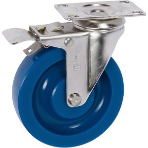 5 inch x 1.25 inch PLX Solid Polyurethane Medium Duty Industrial Non-Marking Top Plate Caster, 1 Swivel Total Lock Brake Caster, 350 LBS Load Capacity, BLUE (Single) - ICON 5100 Series