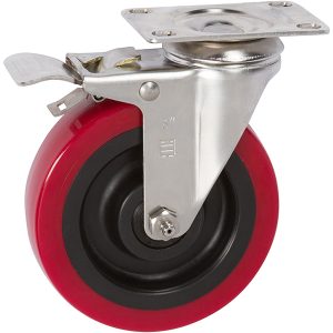 5 inch x 1.5 inch PRO-TECH Polyurethane Medium Duty Industrial Top Plate Caster, 1 Swivel Total Lock Brake Caster, 350 LBS Load Capacity, RED (Single) - ICON 5100 Series