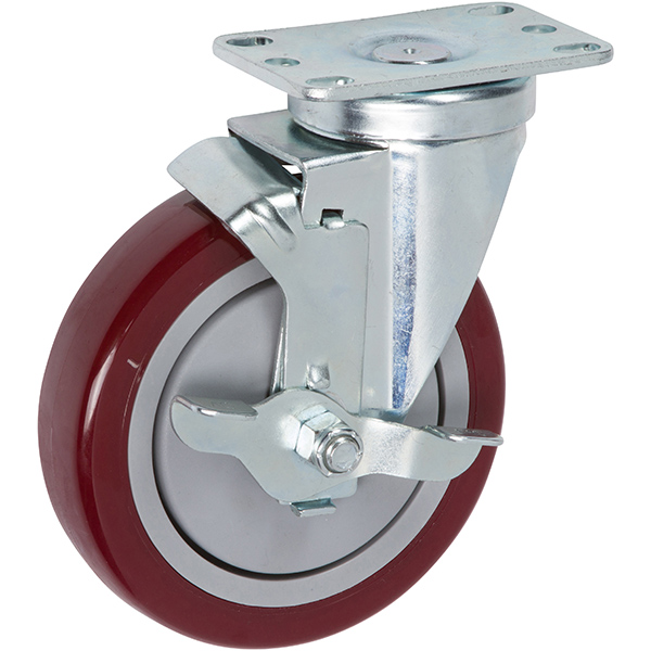 Maroon polyurethane industrial caster with brake system