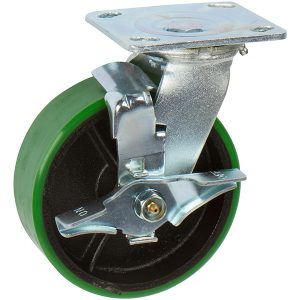 5 inch x 2 inch PCI Polyurethane Heavy Duty Industrial Non-Marking Top Plate Caster, 1 Swivel Top Lock Brake Caster, 1000 LBS Load Capacity, GREEN (Single) - ICON 6600 Series