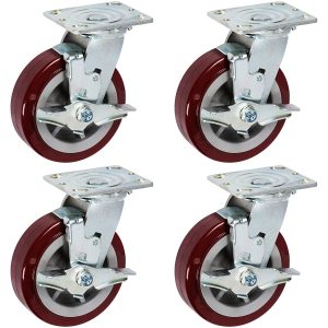 Four maroon caster wheels with locking brakes