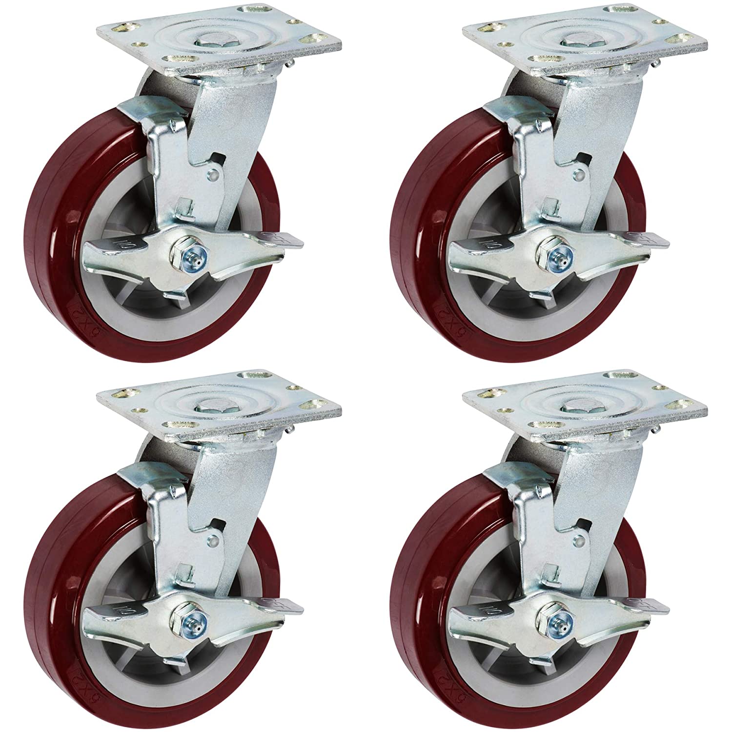 Four maroon caster wheels with locking brakes