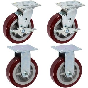 four maroon caster wheel with top plates, 2 have brakes and 2 do not