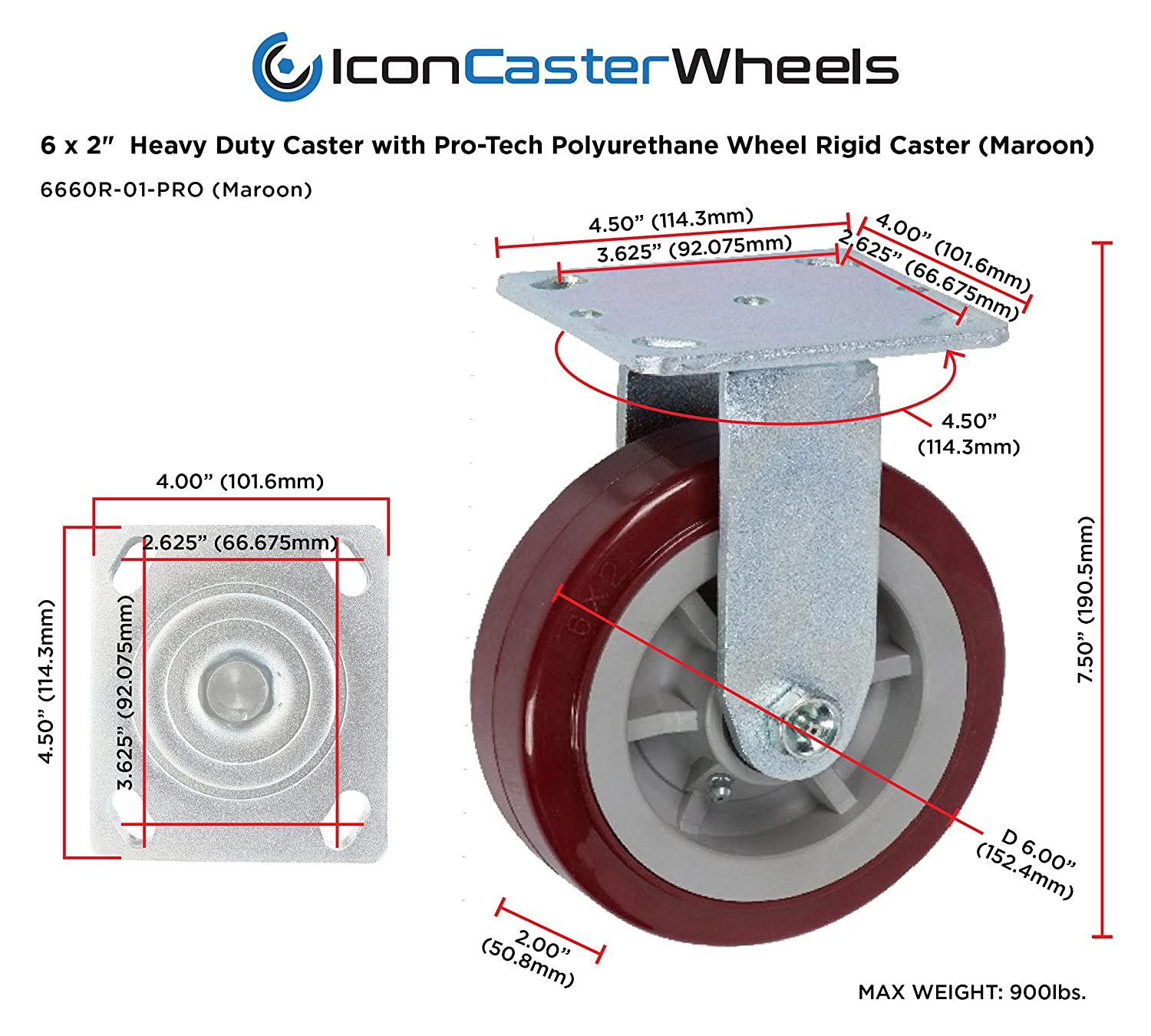 Maroon Pro-Tech heavy-duty rigid caster with top plate