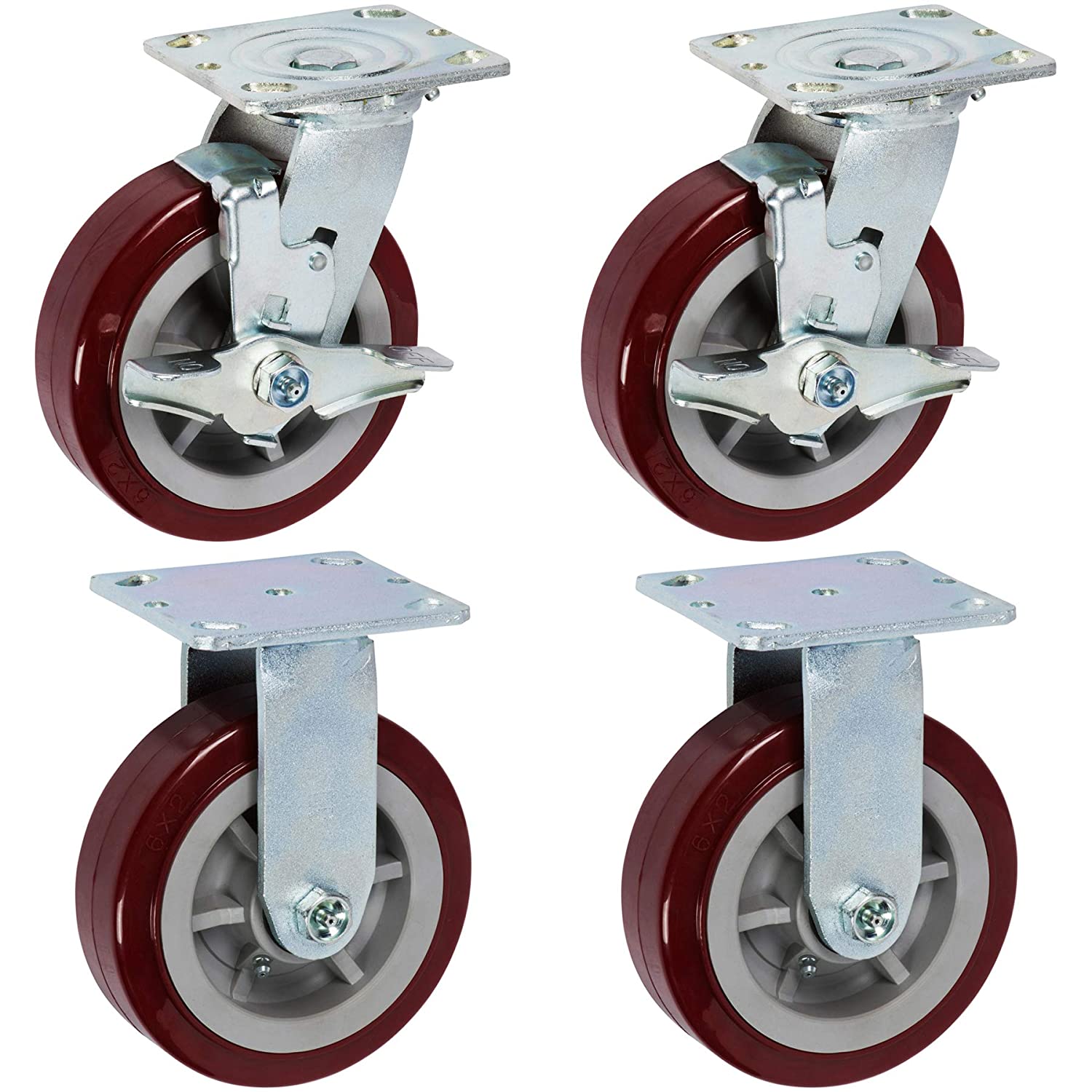 four maroon caster wheel with top plates, 2 have brakes and 2 do not