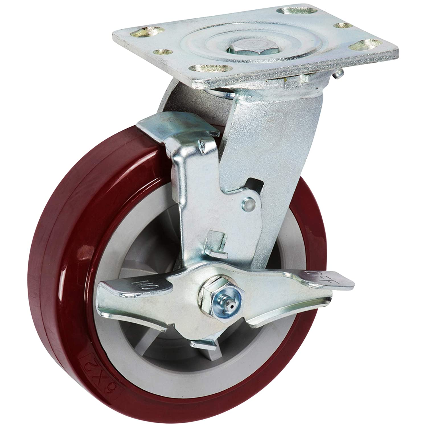 maroon caster wheel with locking brake and top plate