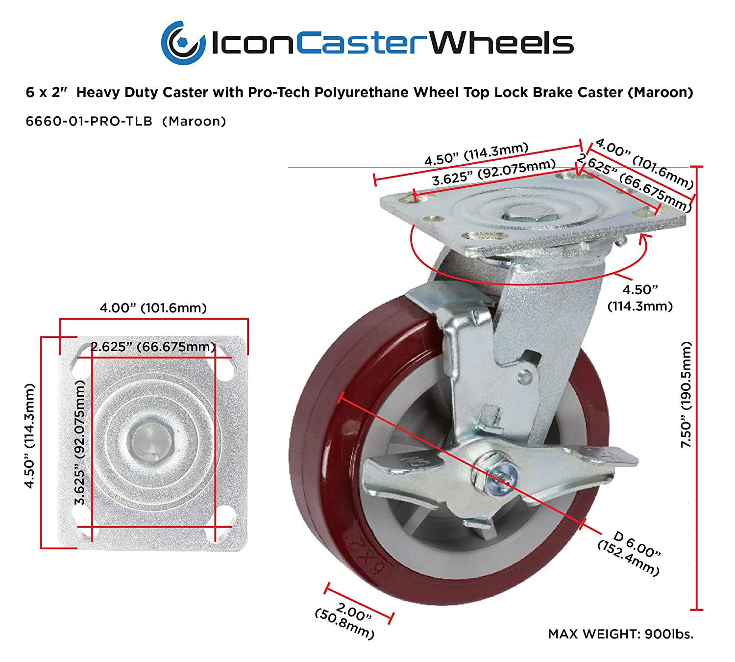 maroon caster wheel with locking brake and top plate with dimensions