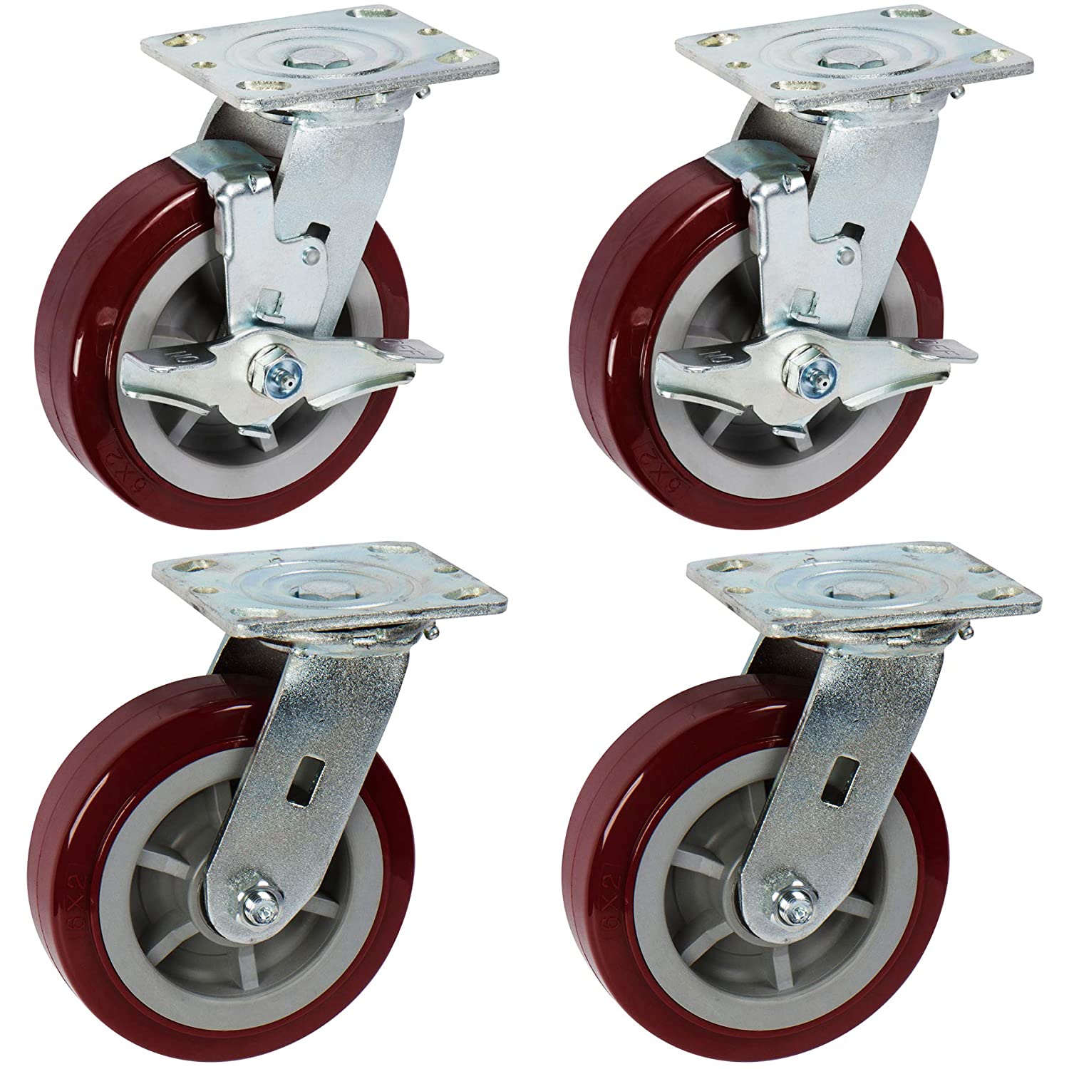 4 maroon caster wheels with top plates, 2 have brakes and 2 do not