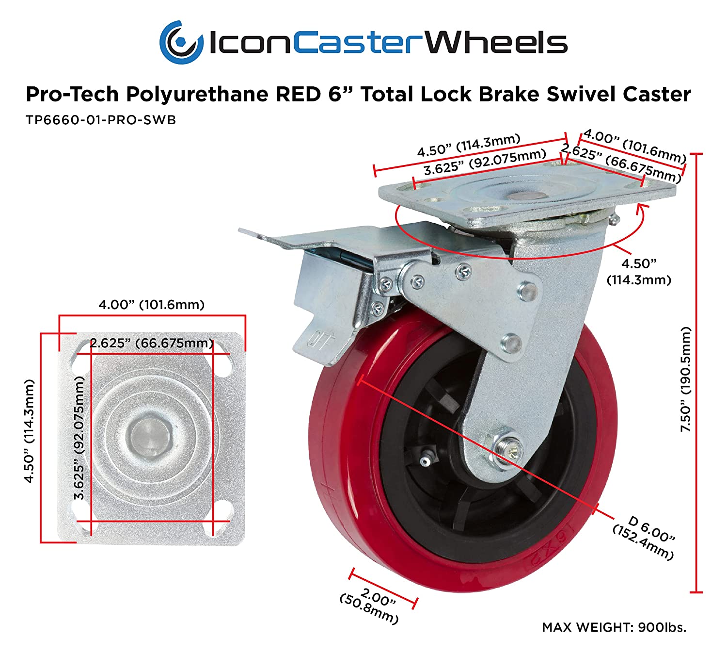 dimensions red swivel caster wheel with brake