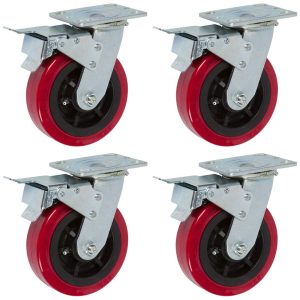 6-inch total locking non-marking set of 4 caster wheels, polyurethane non-marking caster red wheels