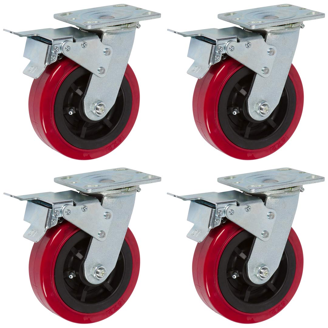6-inch total locking non-marking set of 4 caster wheels, polyurethane non-marking caster red wheels
